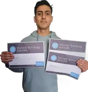 School of IT graduate holding his certificates